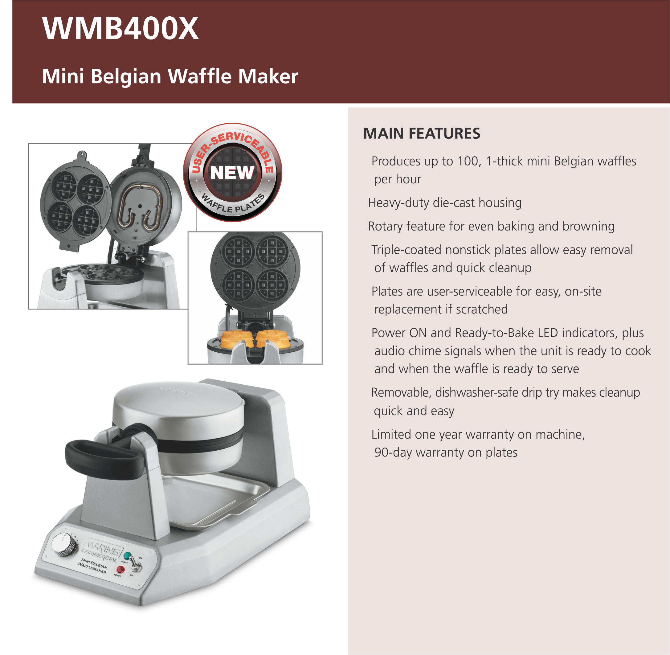 Waring WMB400X Mini Belgian Waffle Maker (120V, 1200W)